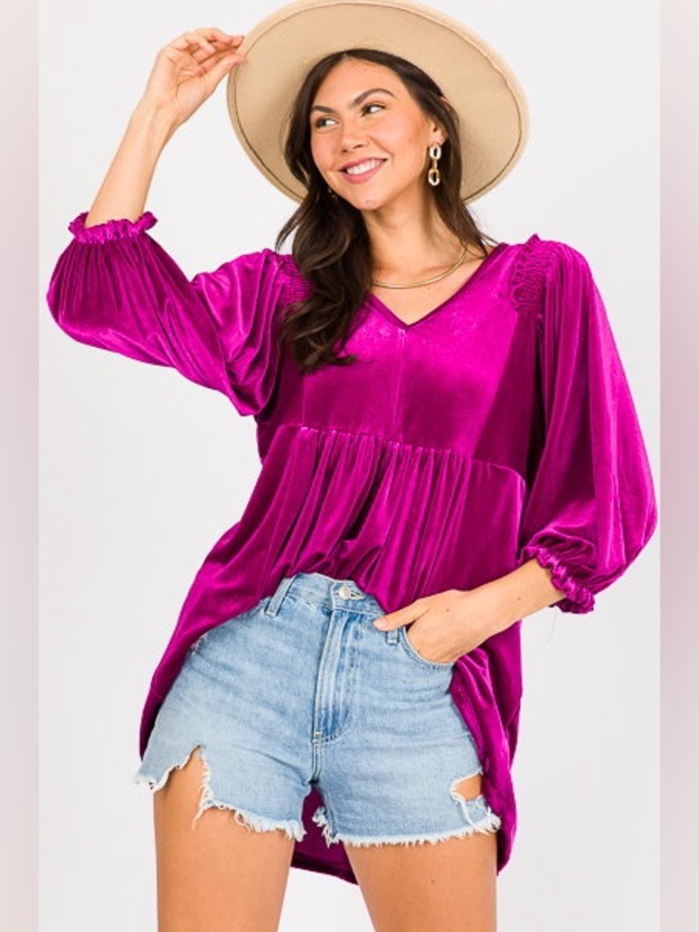 Umgee Fuchsia Velvet V-Neck Babydoll Top/ Dress, Size Small